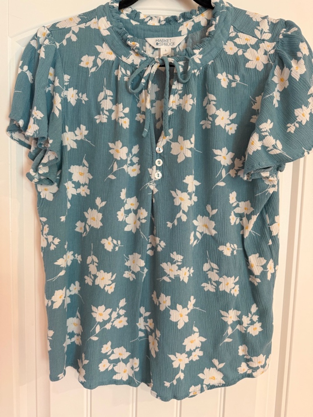 Market & Spruce Teal Blue Floral Tie-Neck Blouse